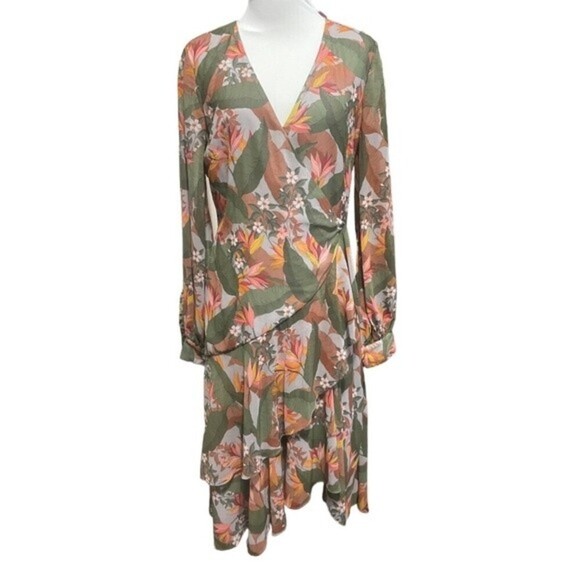 BADGLEY Mischka Multi Floral Ruffle Midi Faux Wrap Dress. - Picture 3 of 15